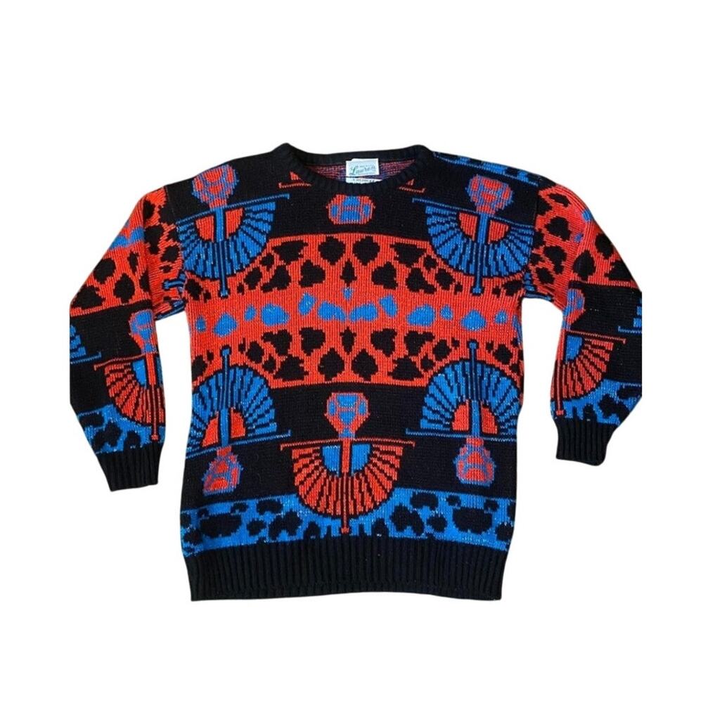 Vintage 1980's Blue, Black and Red Egyptian Motif Sweater